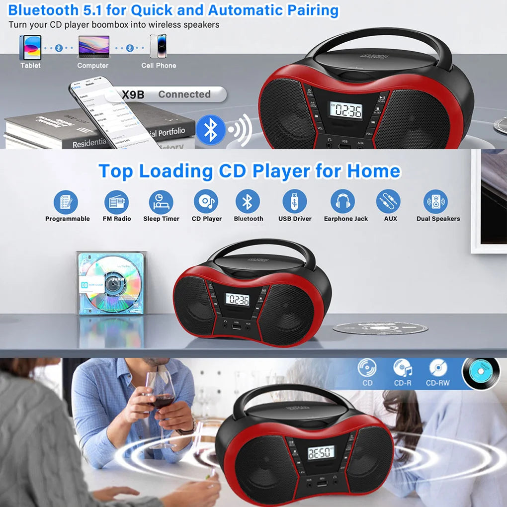 Portable CD Player Bluetooth Boombox CD Player AM/FM Radio Stereo Player, Compatible For CD/CD-R/RW Radio For Home