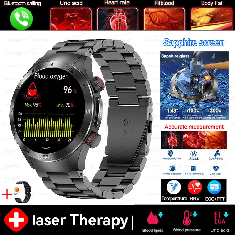 2026New Precise Laser Therapy Bracelet Health ECG+PPG Smart Watch Blood Pressure Blood Lipid Uric Acid BT HD Call SmartWatch Men