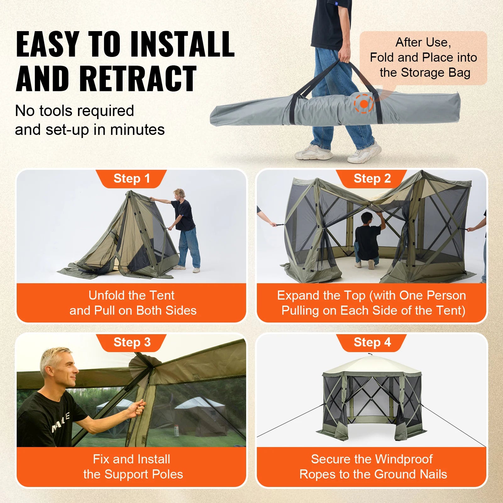 SucceBuy Pop Up Gazebo Tent Pop-Up Screen Tent 6 Sided Canopy Sun Shelter with 6 Removable Privacy Wind Cloths & Mesh Windows