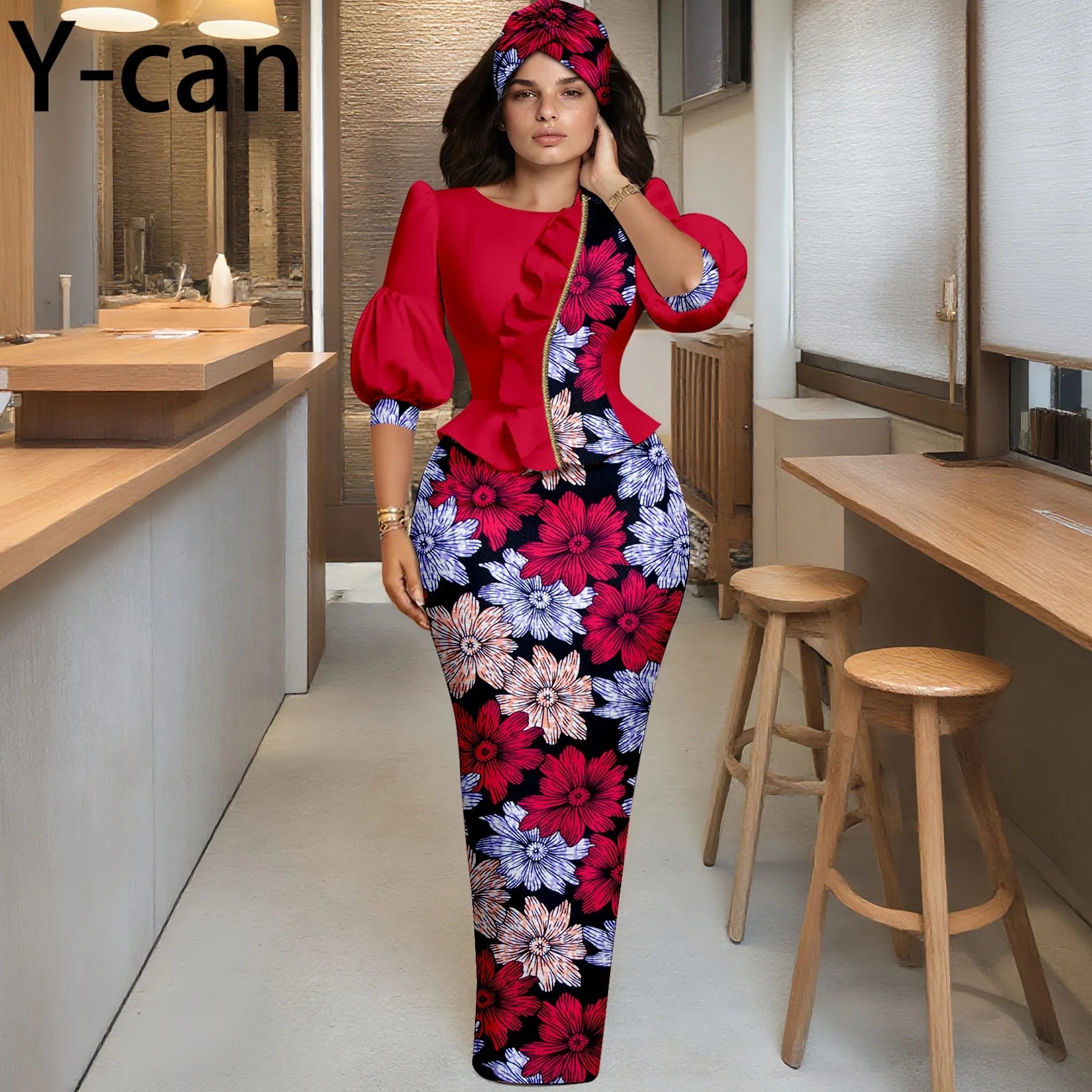 African Women Skirt Set Fashion Lantern Sleeve Ruffled Top and Slim Skirt Vestidos with Headwrap Dashiki Wedding Dress 2526066