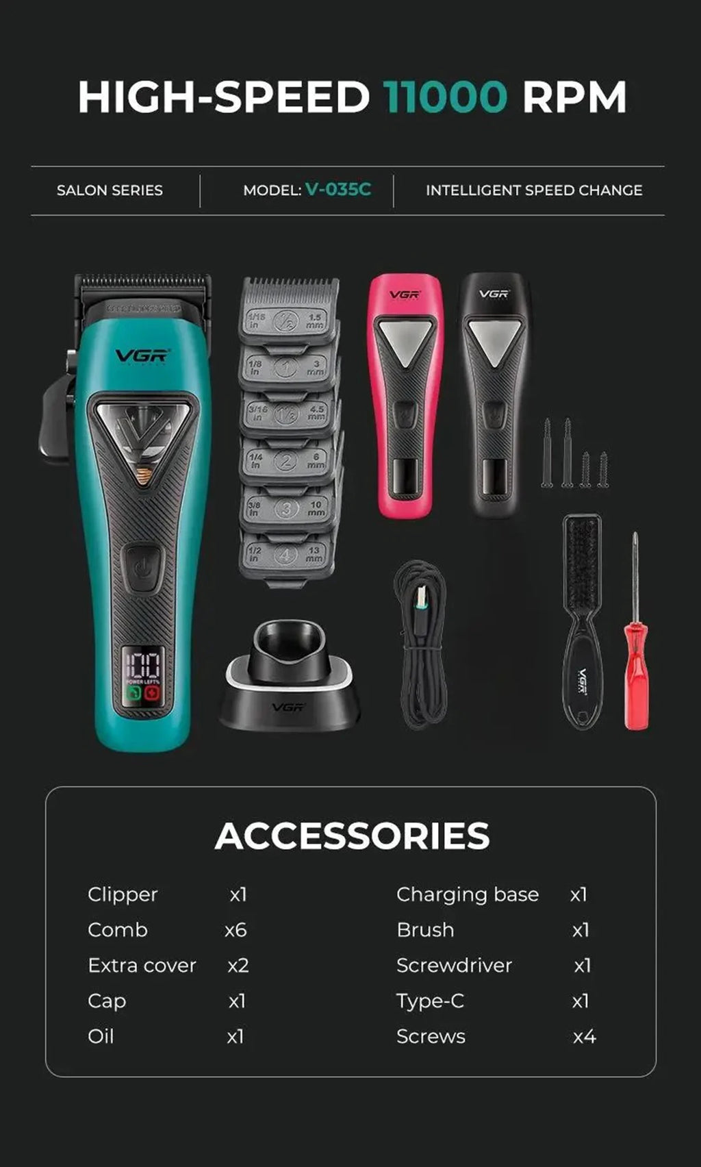 VGR Professional Hair Trimmer Rechargeable Hair Clippers 11000 RPM Vector Motor Beard Shaver LED Trimmer For man V-035C V-035S