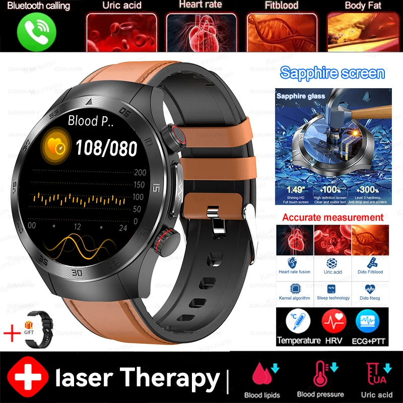 2026New Precise Laser Therapy Bracelet Health ECG+PPG Smart Watch Blood Pressure Blood Lipid Uric Acid BT HD Call SmartWatch Men