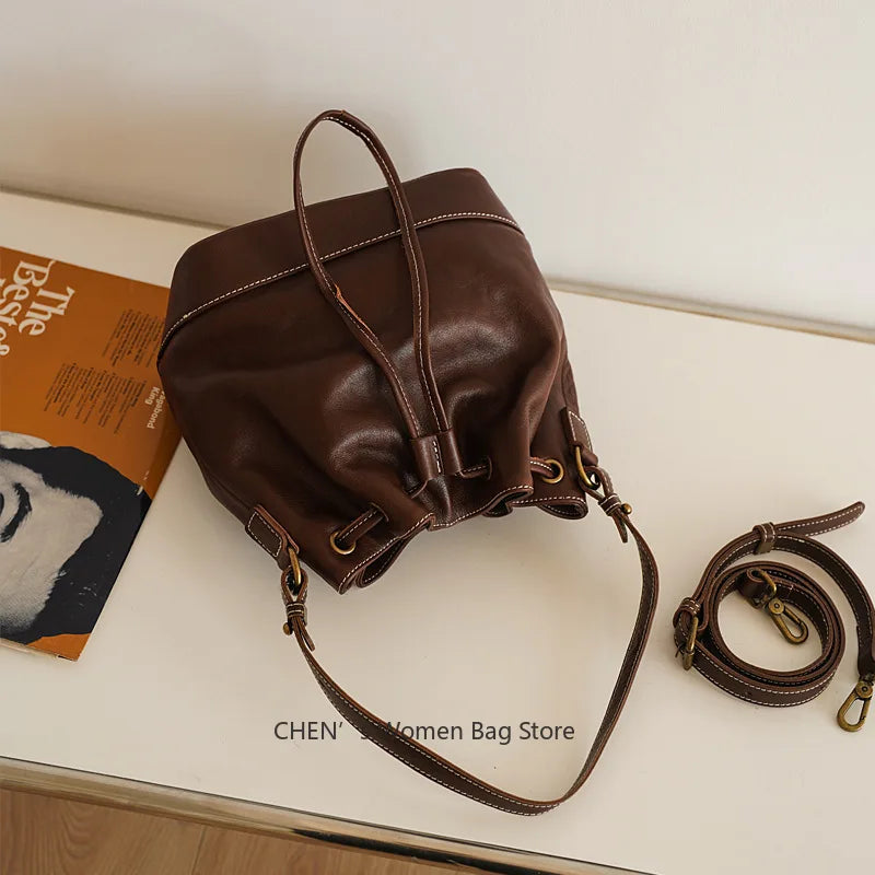 Leather Bucket Bags and Drawstring Crossbody Purse for Women Medium Tote