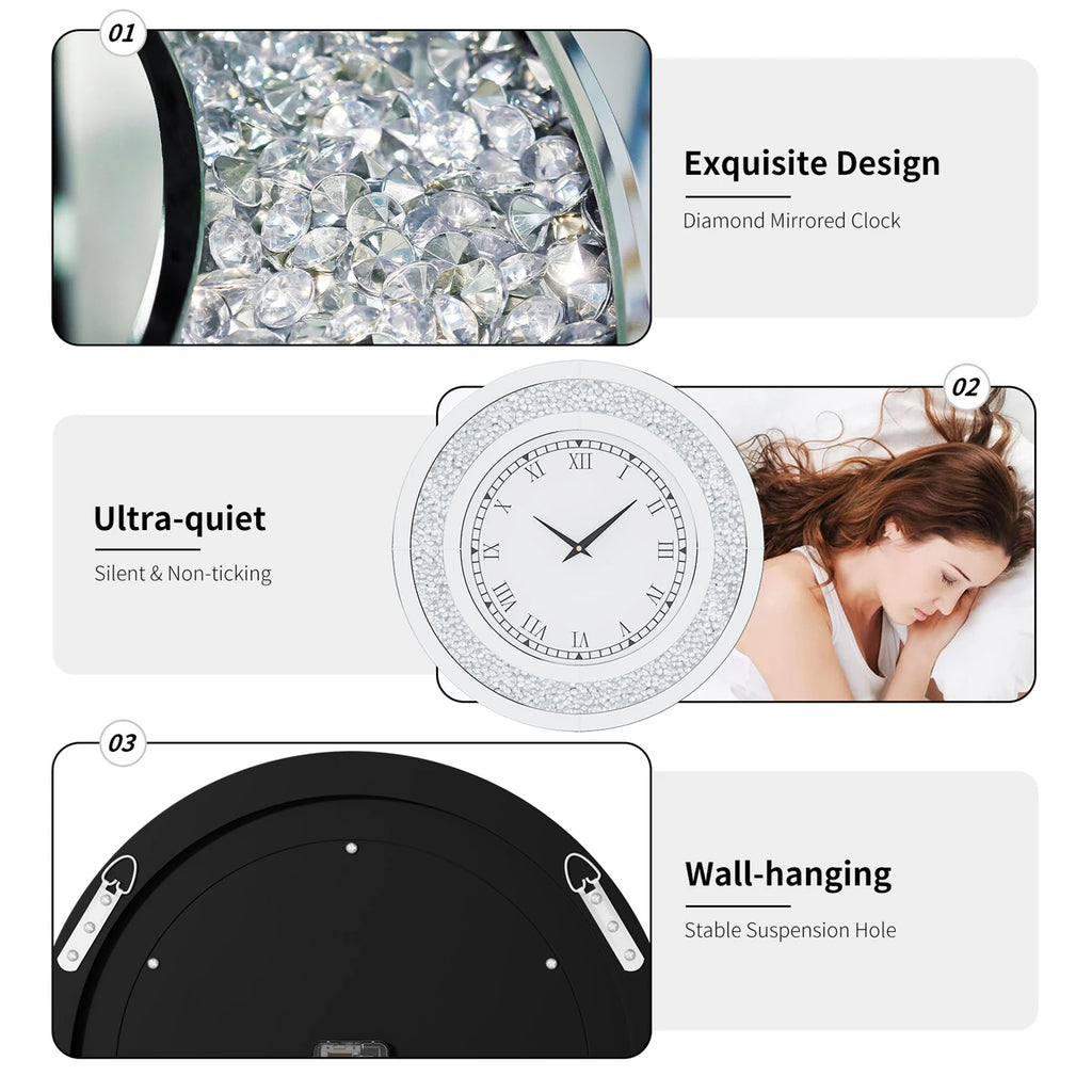 60/80CM Bling Silver Round Mirror Clock Glam Sparkle Twinkle Shining Mirrored Wall Clock for Home Decor