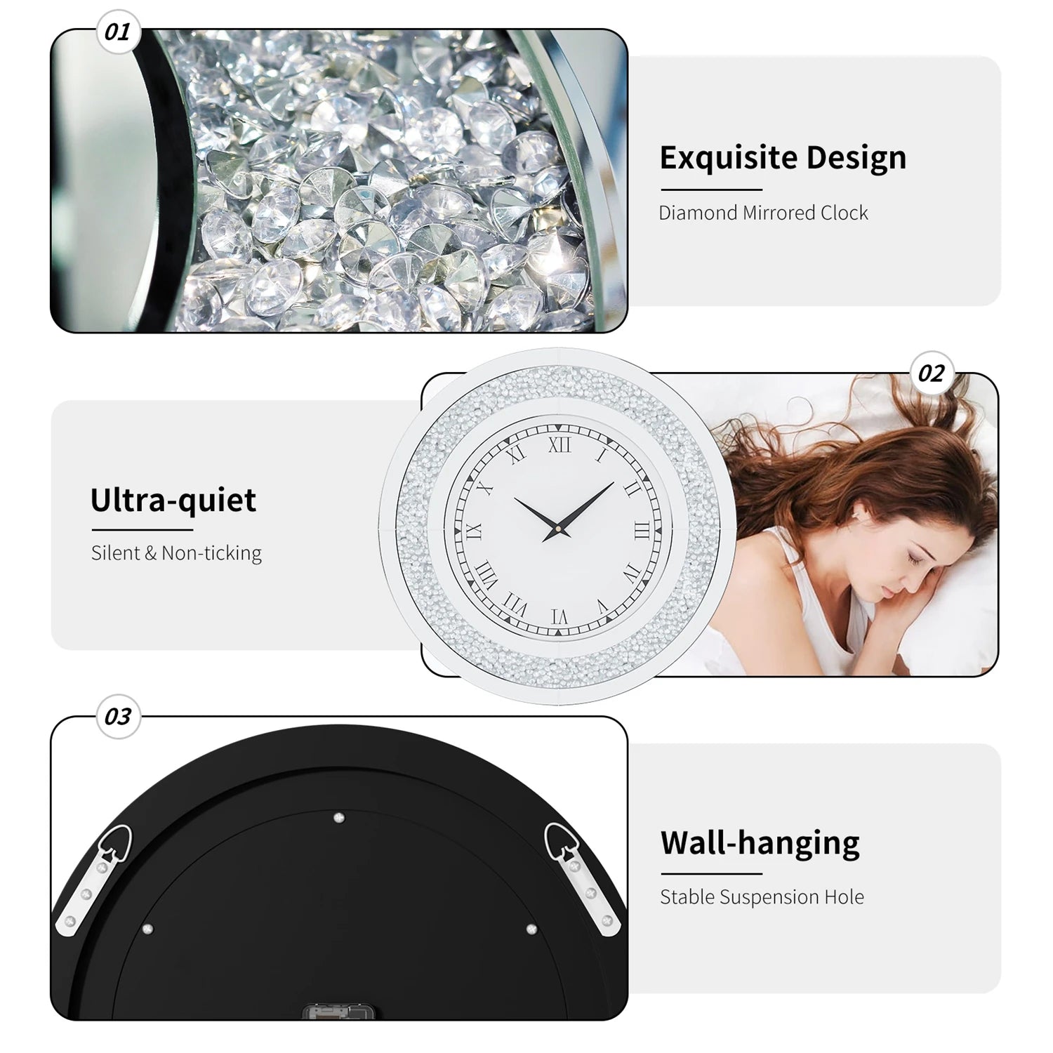 60/80CM Bling Silver Round Mirror Clock Glam Sparkle Twinkle Shining Mirrored Wall Clock for Home Decor