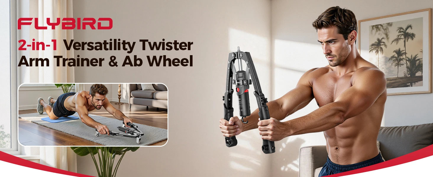 FLYBIRD 3-in-1 Twister Arm Trainer with Ab Roller Wheel, Adjustable 22-440lbs Hydraulic Power Chest, Shoulders, Forearm, Triceps