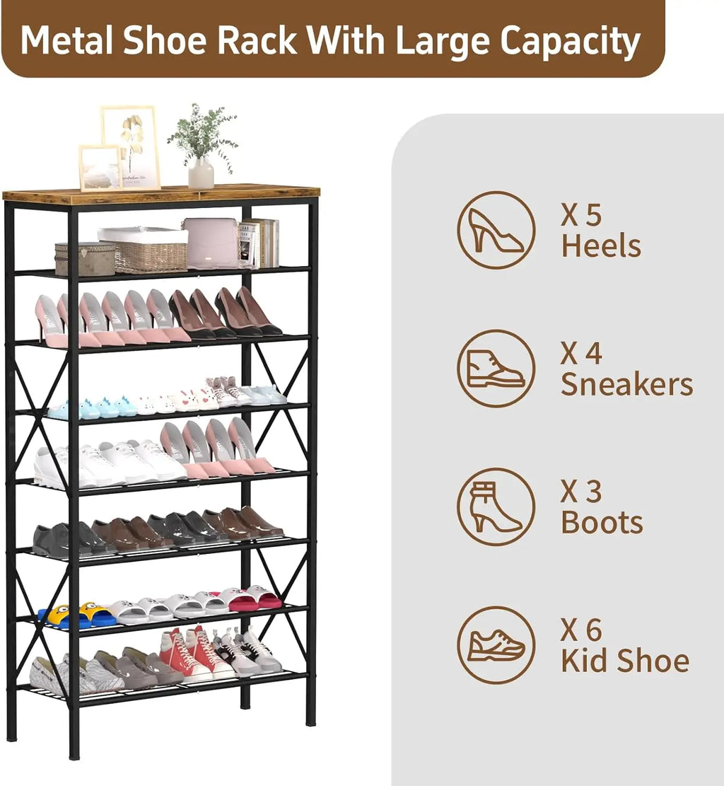 8-Tier Tall Shoe Rack Organizer, Holds 32 Pairs, Durable Adjustable Metal Shelf for Entryway or Closet