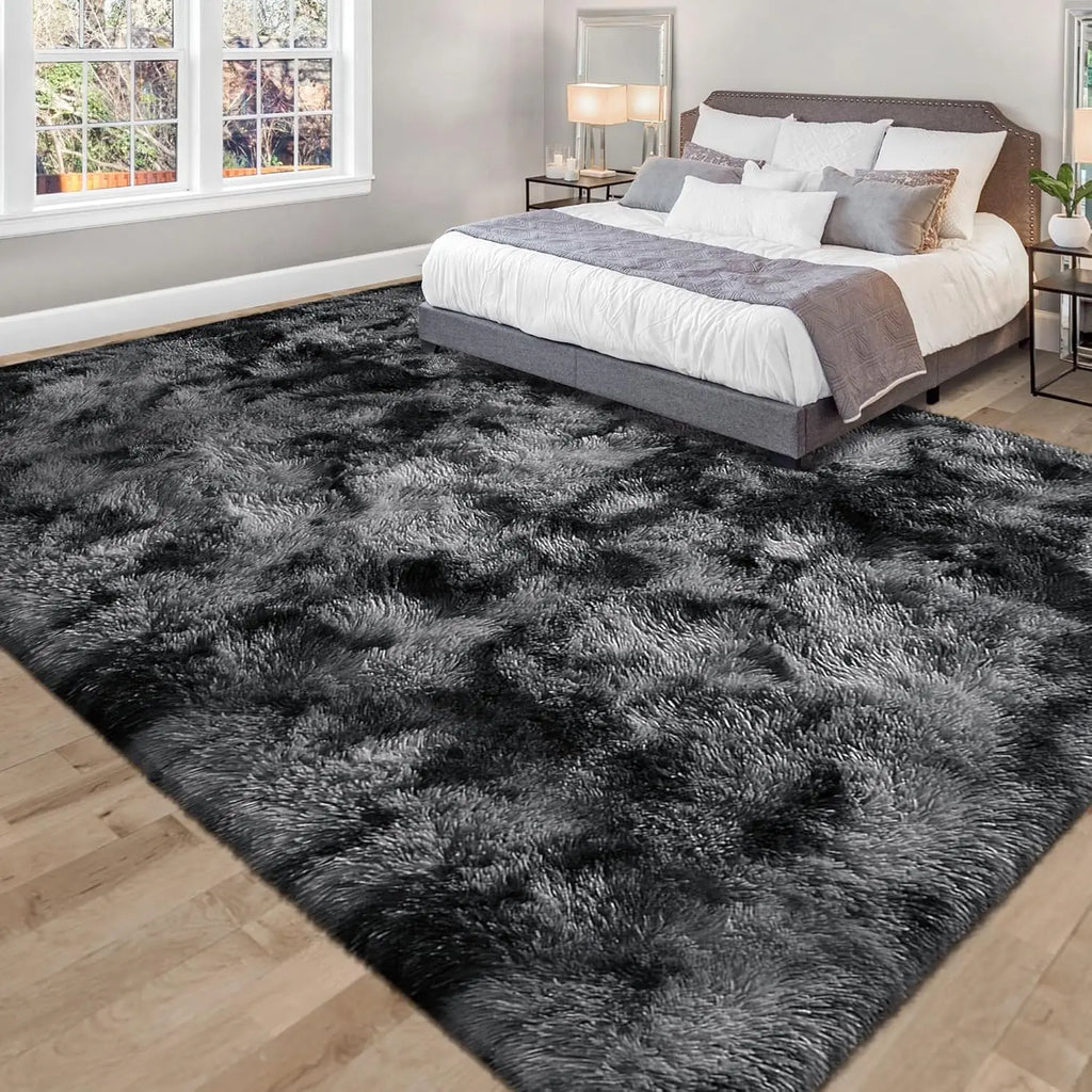 Soft Area Rugs for Living Room Non-Slip Thick Plush Carpets for Winter Tie-Dye Dark Gray Fluffy Artificial Velvet Soft Carpets