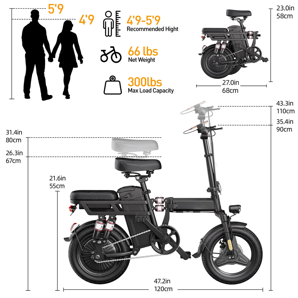 Electric Bike For Adults, Folding Electric Bike, 500W Peak Motor, Electric Bicycle With 14" Tire, 48V 20AH/15AH/10Ah Battery