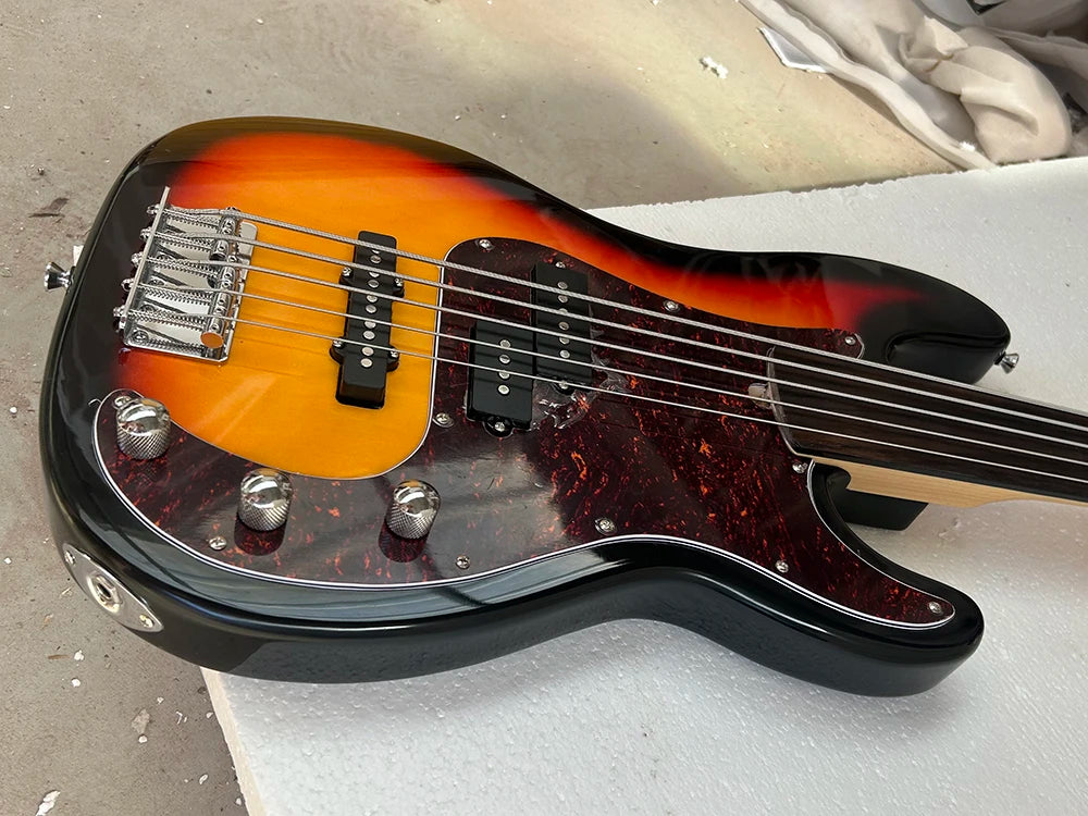 High Quality Tobacco Sunburst 4 And 5 Strings Electric Bass Guitar Fretless Rosewood Fretboard Red Pickguard Customizable