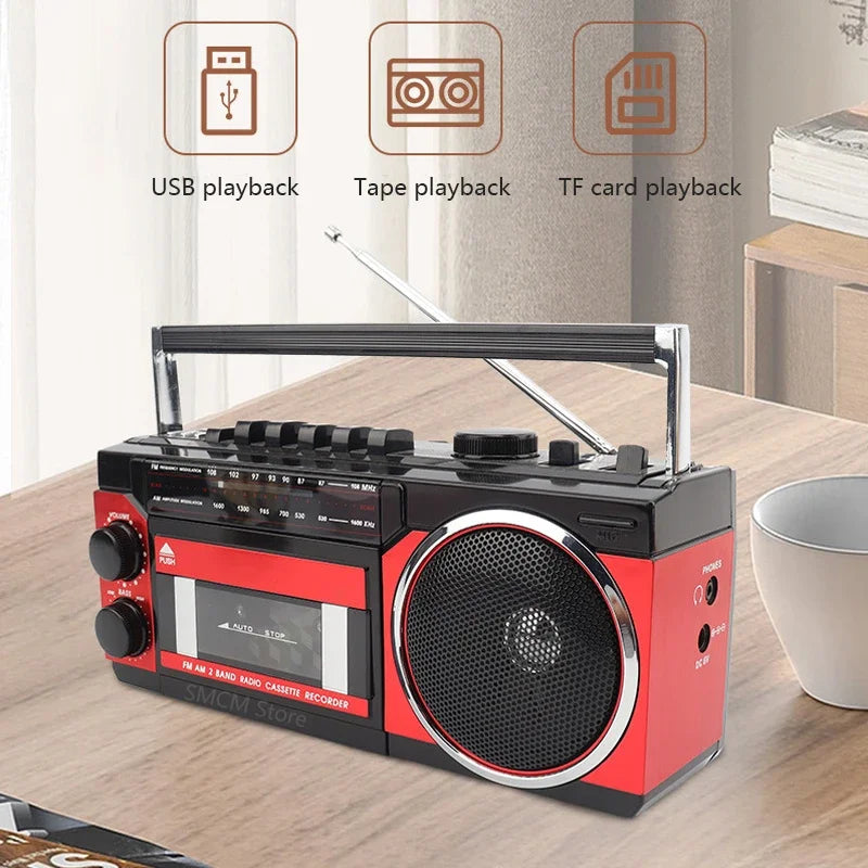 Portable Vintage Retro USB AM/FM/SW Multiband Radio Stereo Wireless Bluetooth Boombox Mp3 Audio Cassette Tape Player Recorder
