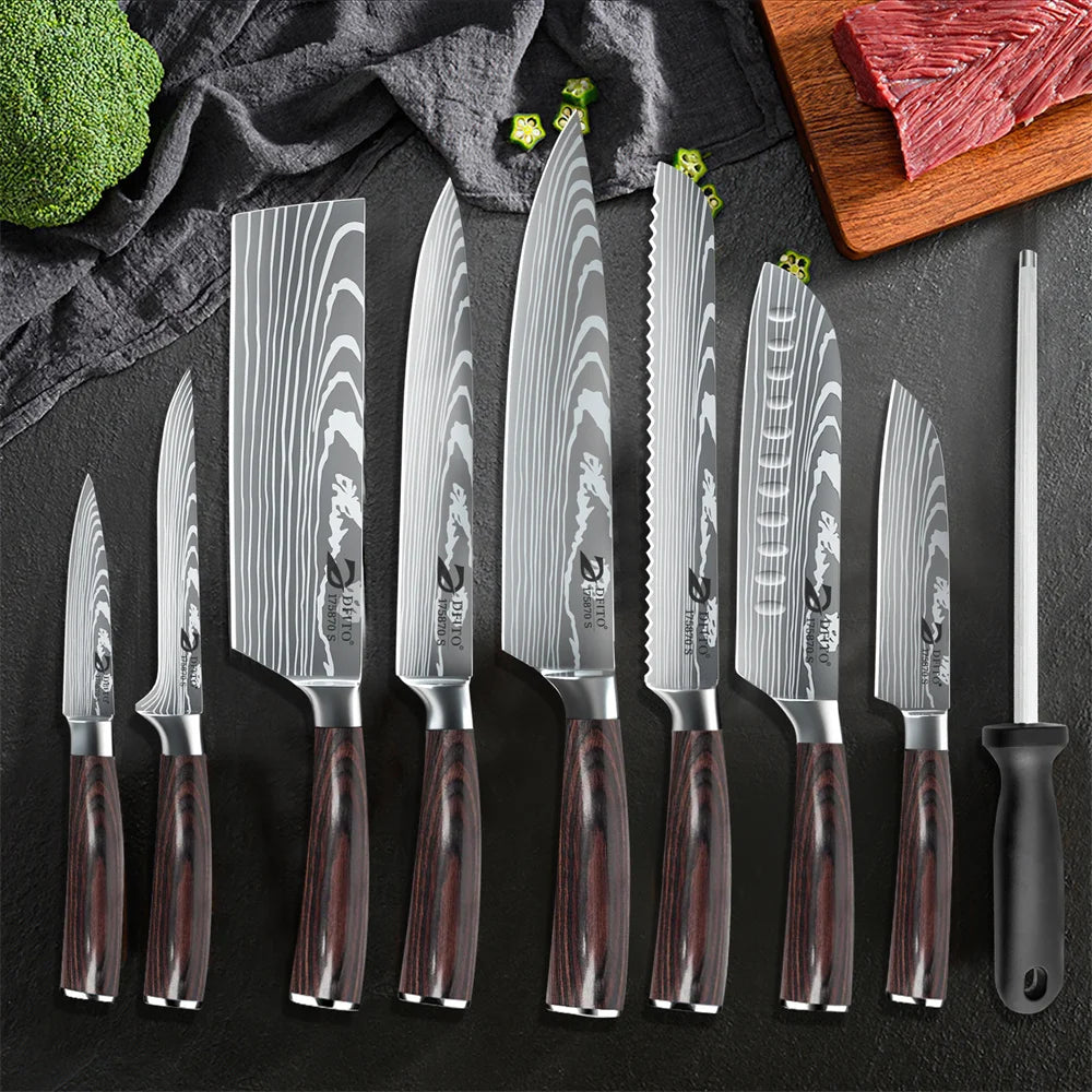 8pcs Kitchen Knife Damascus Stainless Steel Chef Knife Utility Paring Boning Cleaver Slicing Santoku Knives With Nylon Bag