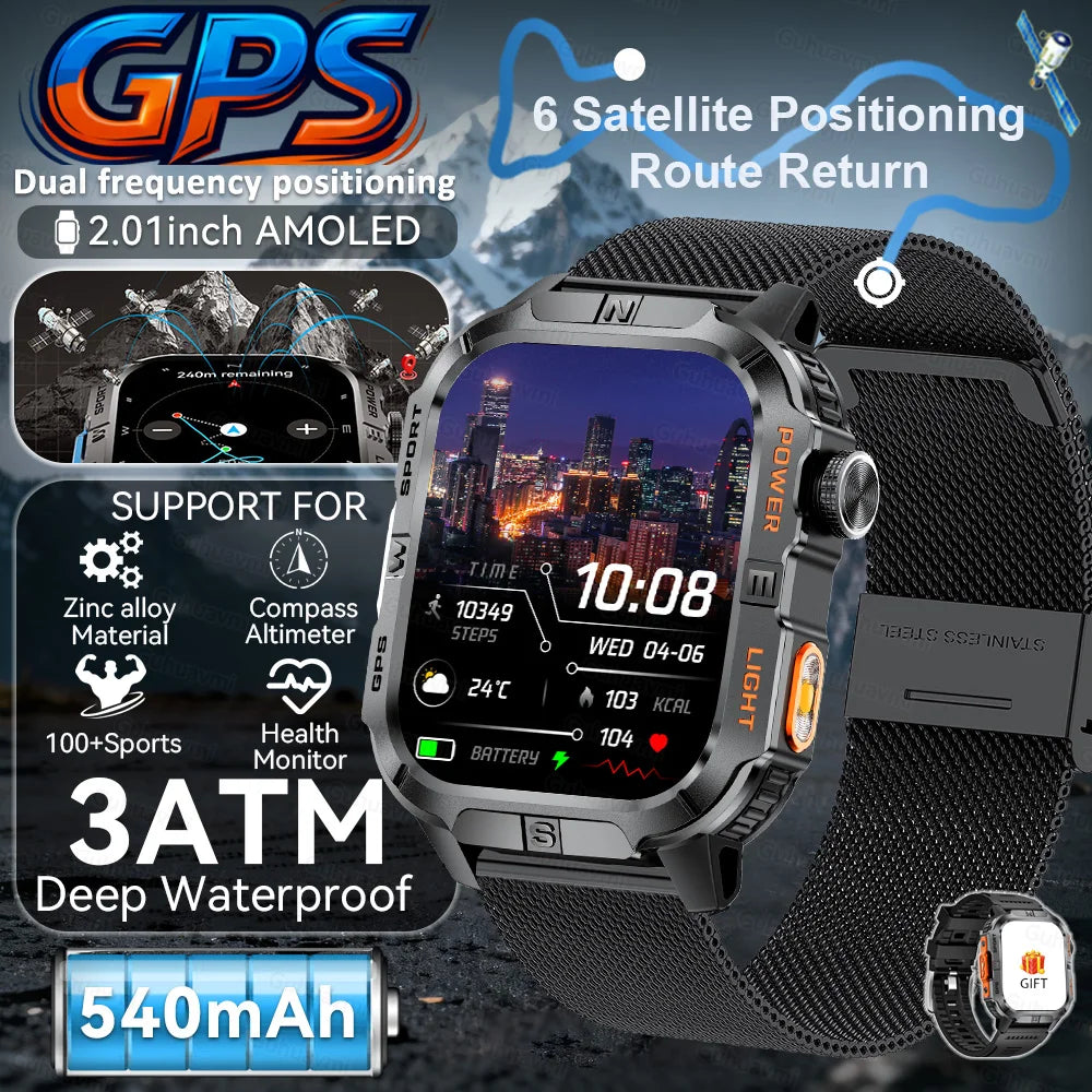 2026New GPS Outdoor Smart Watch Men Women Compass Altimeter Barometer Waterproof Bluetooth Call Sports Smartwatch 540mAh Battery