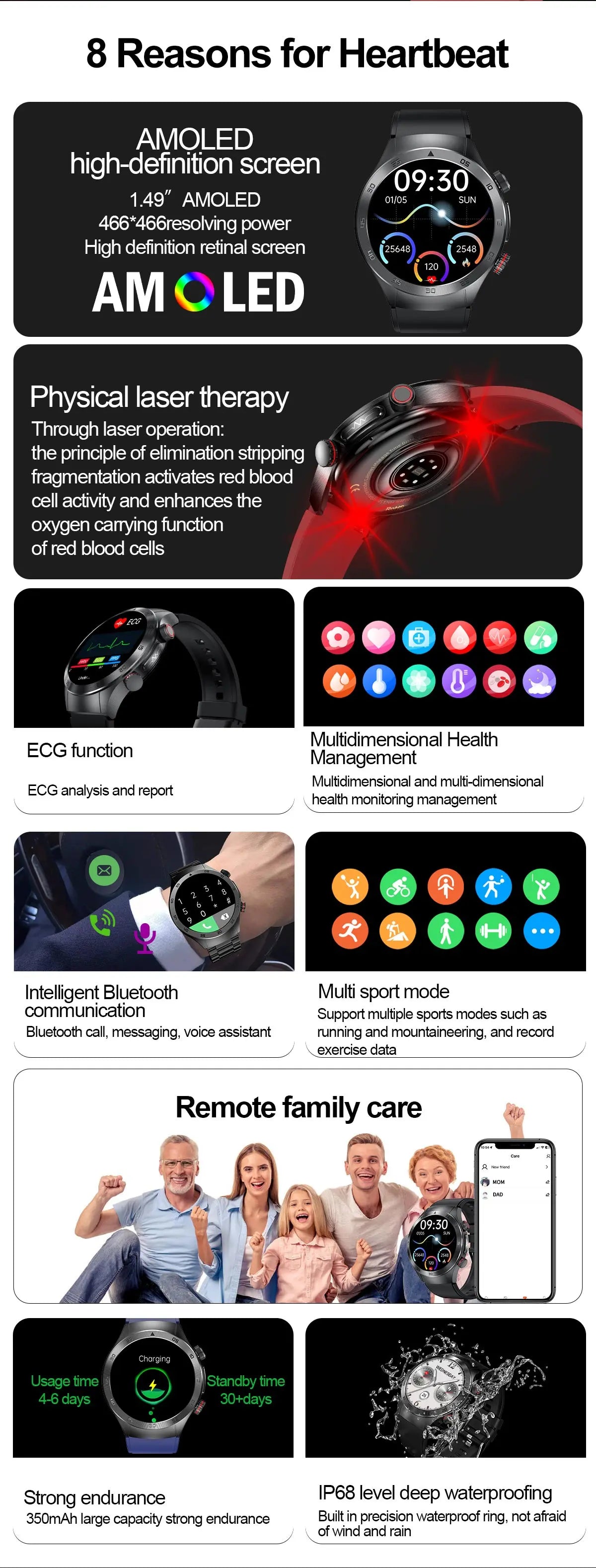 2026New Precise Laser Therapy Bracelet Health ECG+PPG Smart Watch Blood Pressure Blood Lipid Uric Acid BT HD Call SmartWatch Men