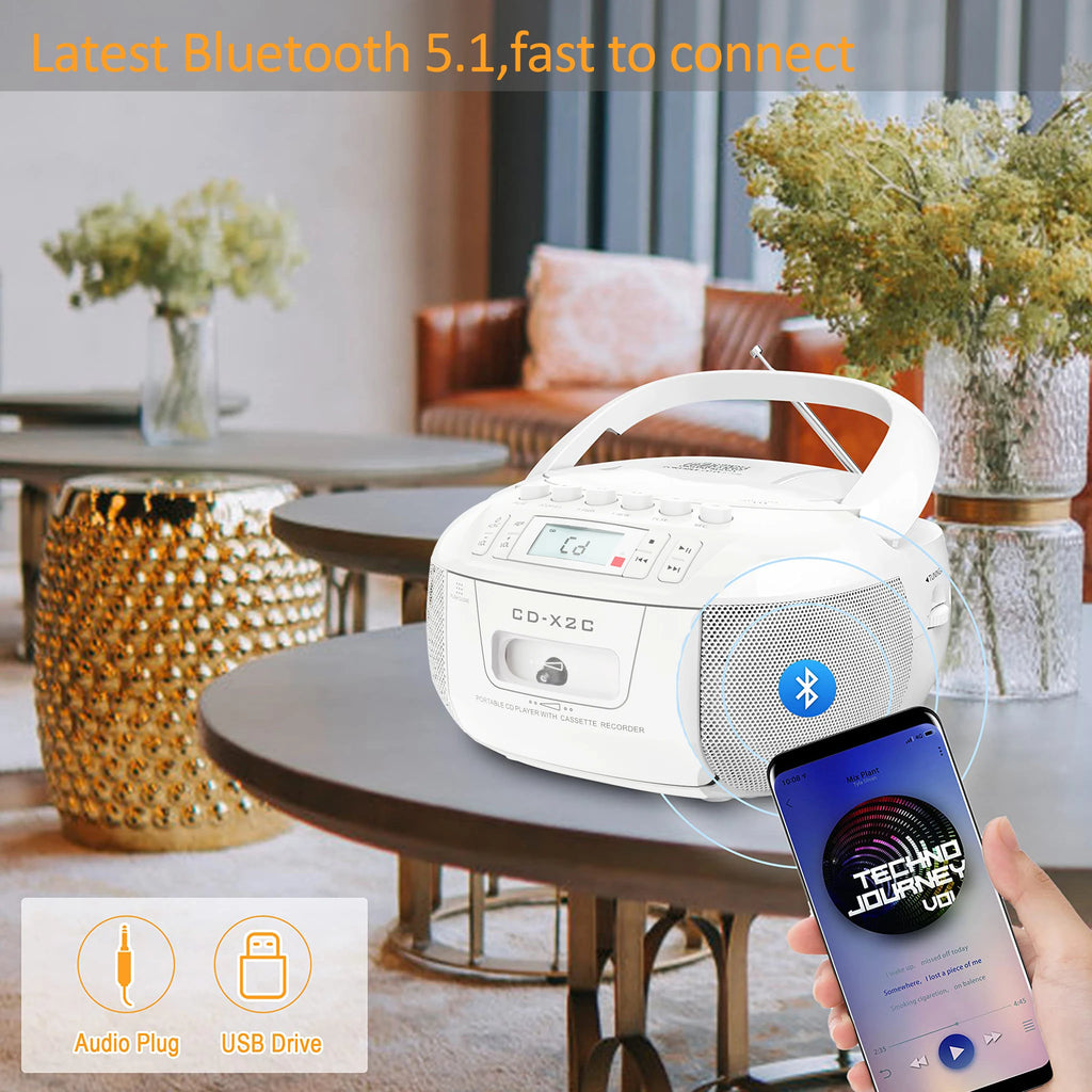 CD cassette boombox combo with bluetooth and AM FM radios,portable cd tape recorder with USB,DC AC powered