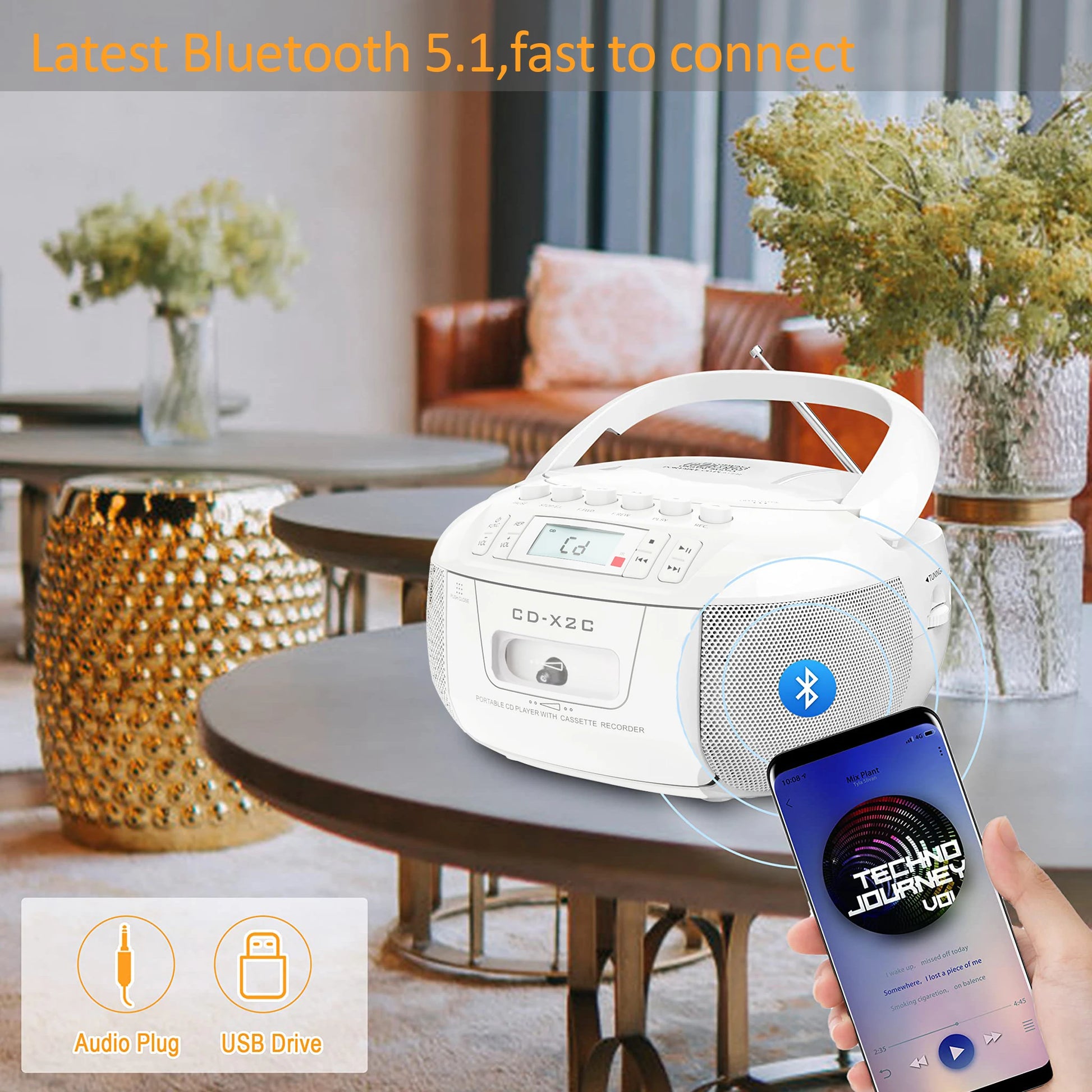 CD cassette boombox combo with bluetooth and AM FM radios,portable cd tape recorder with USB,DC AC powered