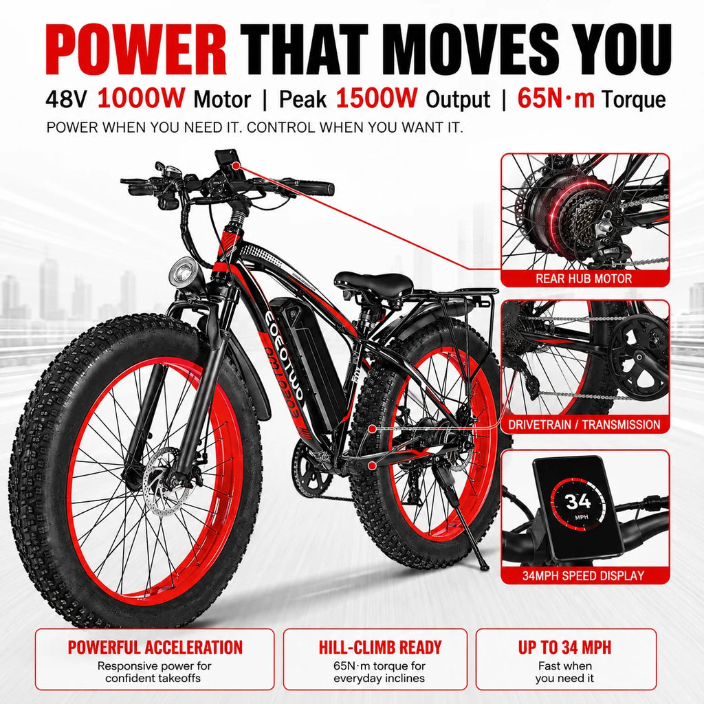 Electric Bike for Adults Teens, 1500W Motor, 34 Mph & 60 Miles, 26" Fat Tire All-Terrain Electric Mountain Bike with 48V 15AH Removable Battery, Dual Brake Off-Road Ebike