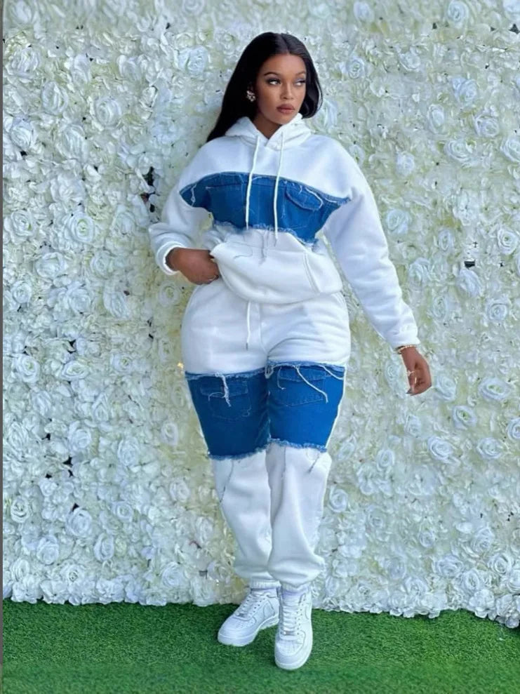 2 Piece Women Set Dashiki African Clothes Spring Autumn New Fashion Long Sleeve Denim Top And Pants Suit Party Matching Sets