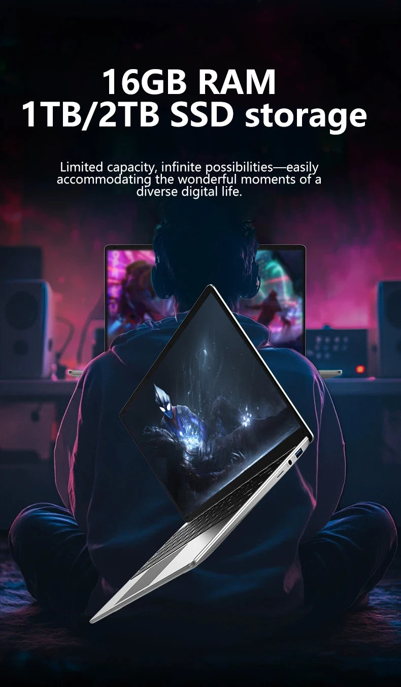 LENO 14.1"Ultra Slim Laptop Windows11 16GB 2TB SSD Gamer Notebook Intel 4405U 1920*1080 Display Office Study Gaming Computer PC