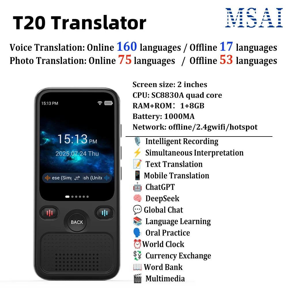 MSAI T20 160 Languages Translator with Camera Real-Time Voice Audio Photo Online Offline Translation Device Travel Assistant