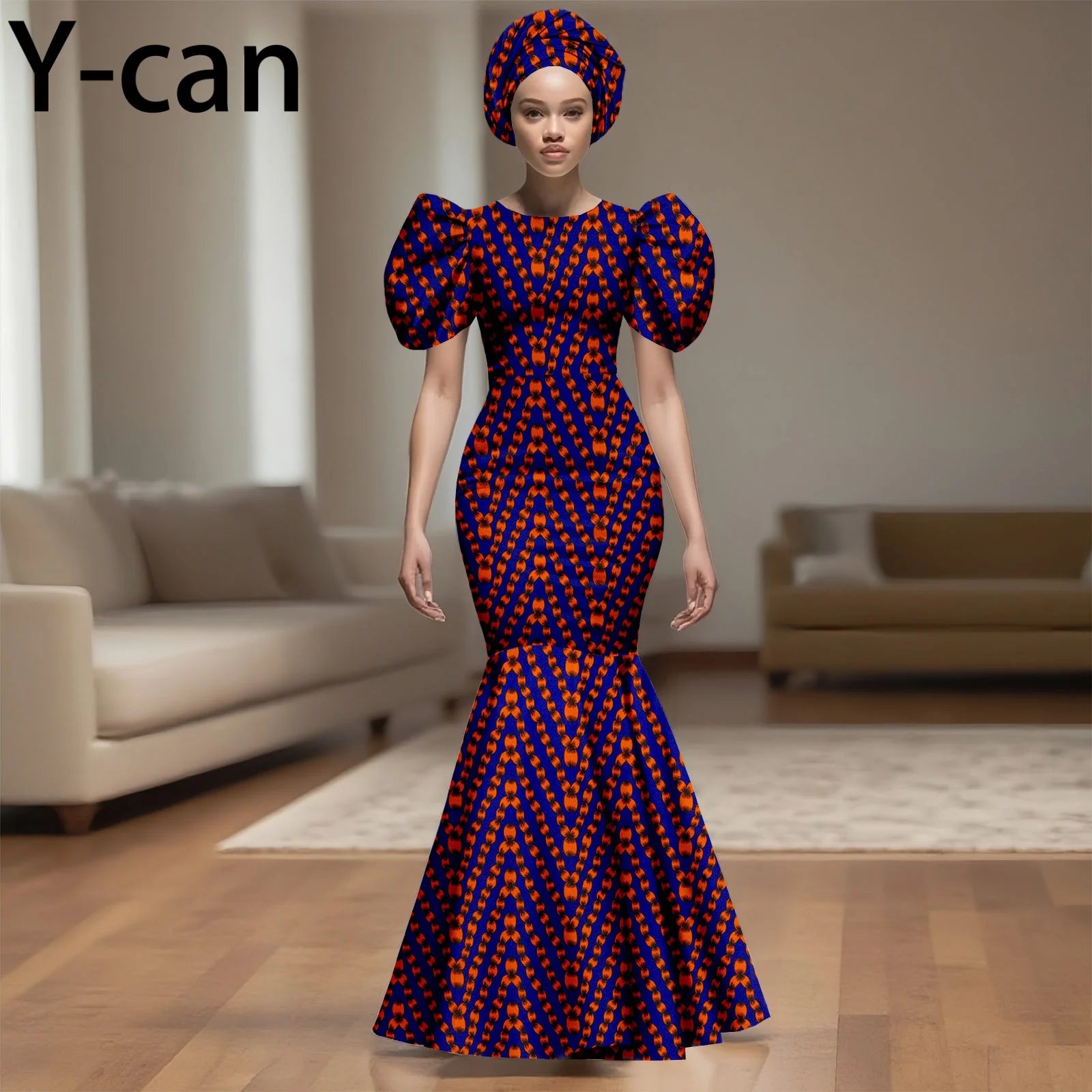 African Party Dress for Women Puff Sleeve O-neck Slim Fit Mermaid Dresses with Headwrap for Birthday Evening Wedding 2525142