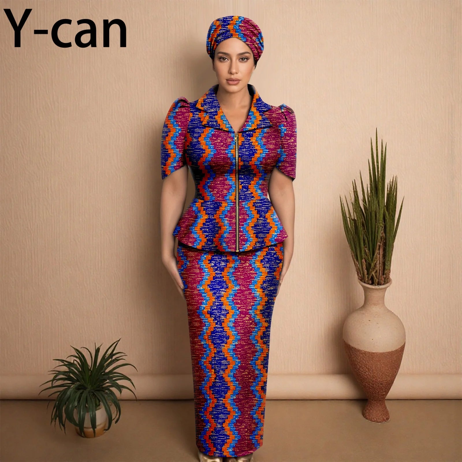 African Women Skirt Set Luxury Metal Zipper Top and Slim Fit Skirt Match Headscarf Party Wedding Elegant Lady Dress Suit 2526079