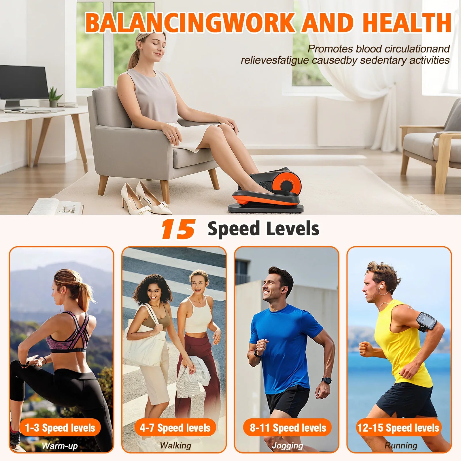 Under-Desk Electric Elliptical Pedal Exerciser 15-Levels 3 Auto Modes Fully Assembled Quiet Portable Full-Body for Office Home