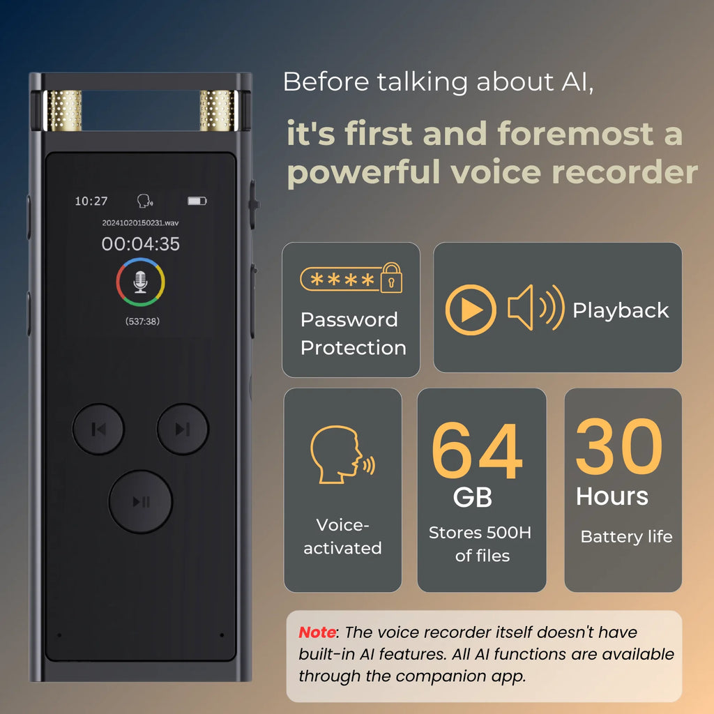 AI Voice Recorder transcription, Translation, Summary, Mind Mapping, Voice Activation 64GB Aluminum Dictaphone [AI Version]