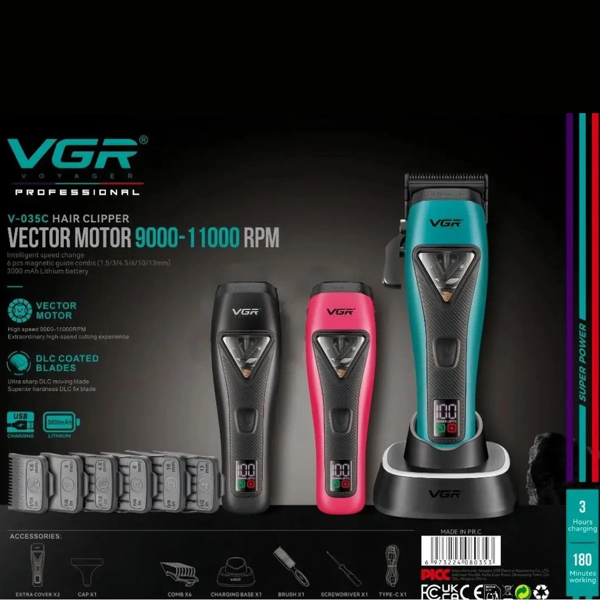 VGR Professional Hair Trimmer Rechargeable Hair Clippers 11000 RPM Vector Motor Beard Shaver LED Trimmer For man V-035C V-035S