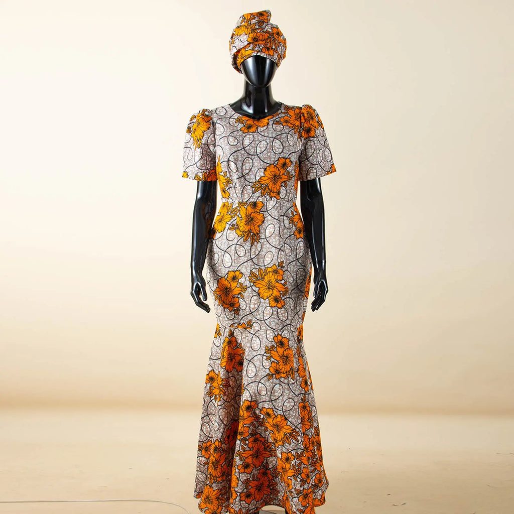 African Party Dress for Women Puff Sleeve O-neck Slim Fit Mermaid Dresses with Headwrap for Birthday Evening Wedding 2525142