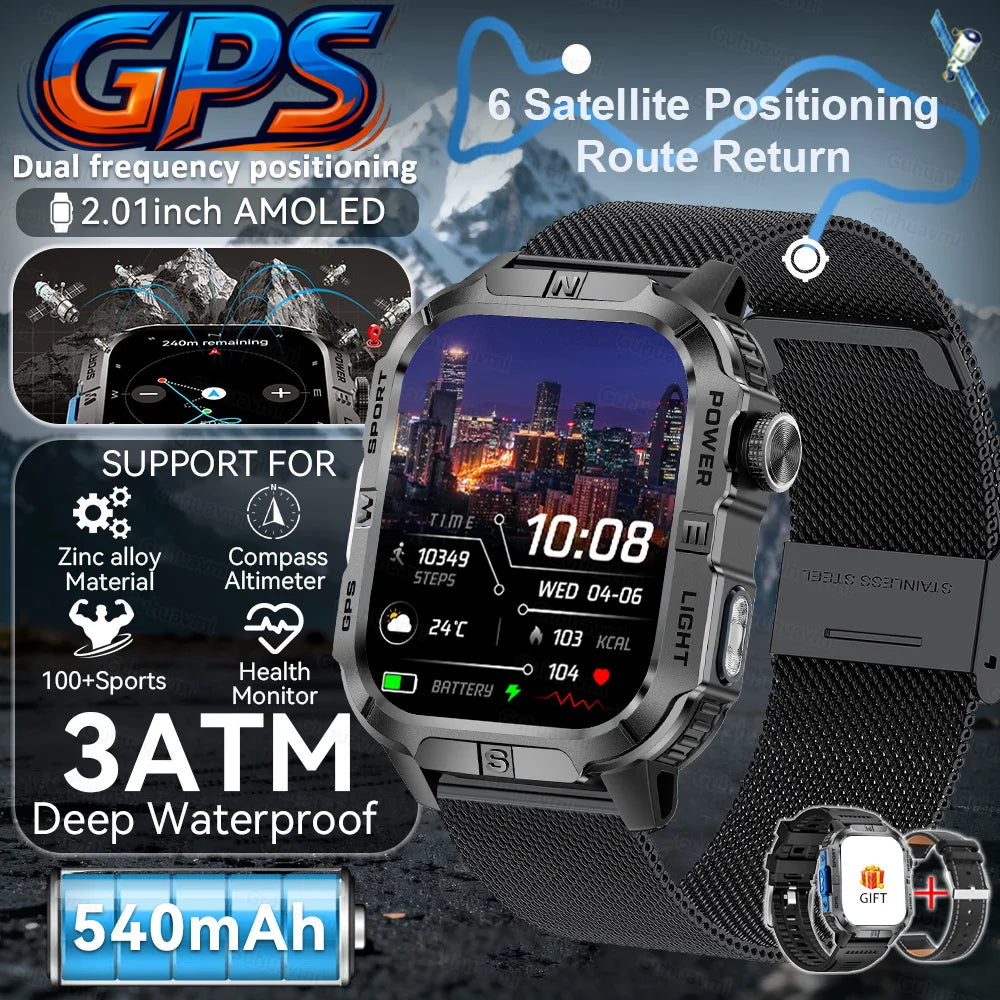 2026New GPS Outdoor Smart Watch Men Women Compass Altimeter Barometer Waterproof Bluetooth Call Sports Smartwatch 540mAh Battery
