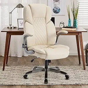 Brown Leather Office Chair with Flip up Arms, High Back Ergonomic Executive Office Chairs with Wheels, 90-120° Rocking Office De