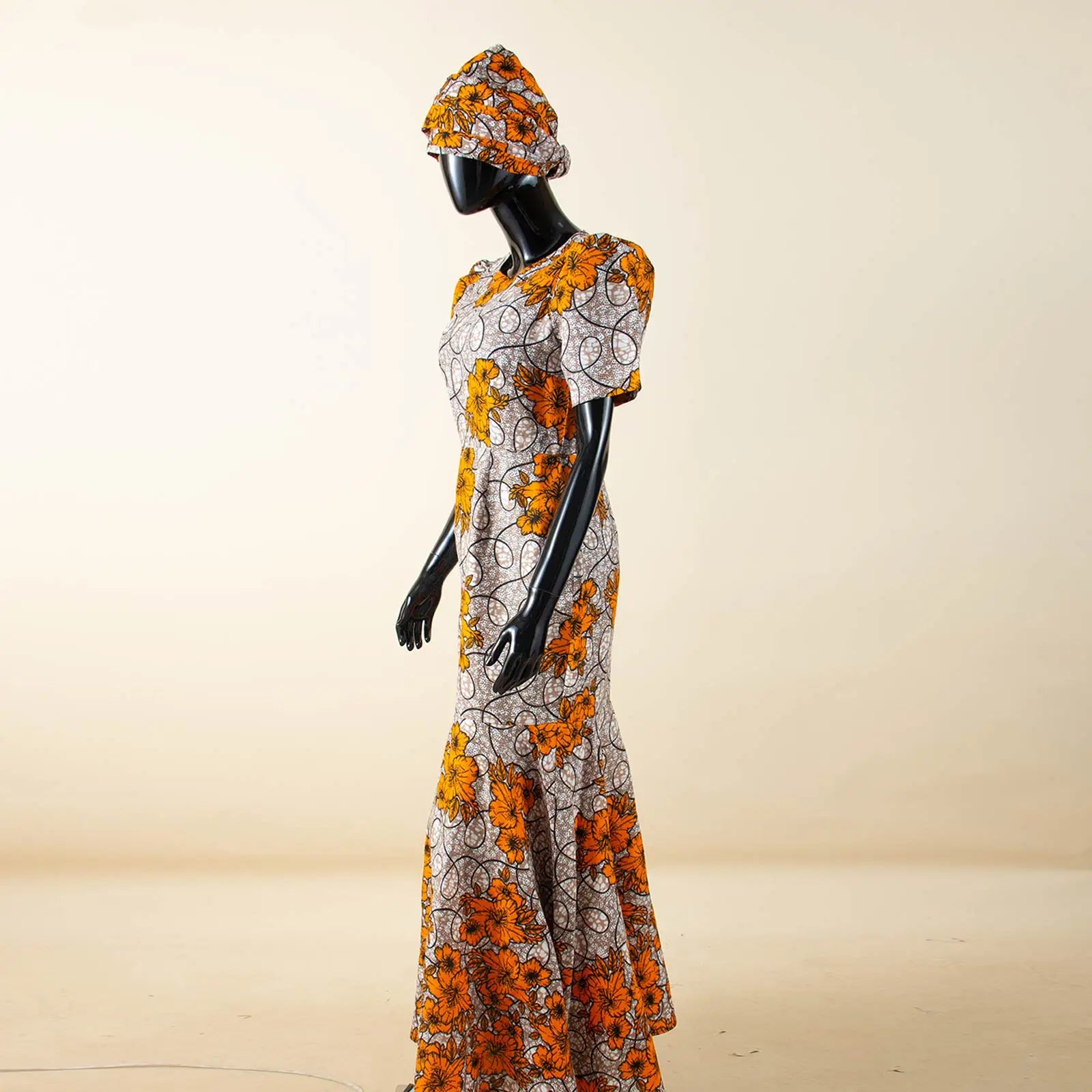 African Party Dress for Women Puff Sleeve O-neck Slim Fit Mermaid Dresses with Headwrap for Birthday Evening Wedding 2525142