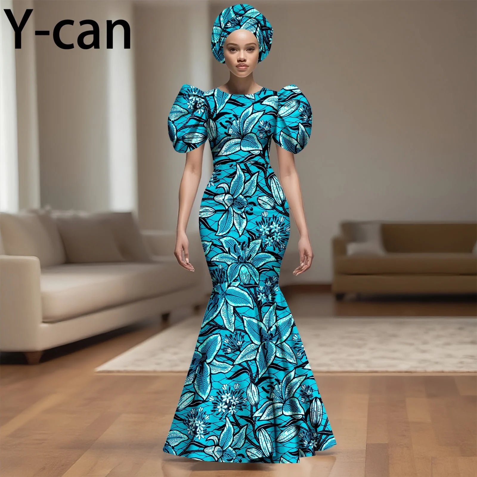 African Party Dress for Women Puff Sleeve O-neck Slim Fit Mermaid Dresses with Headwrap for Birthday Evening Wedding 2525142