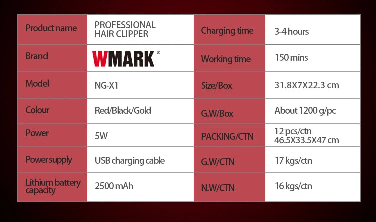WMARK Trimmer Professional Hair Cutting Machine Cordless Hair Clippers 10000 RPM Barber Clipper Electric Trimmer for Men NG-X1