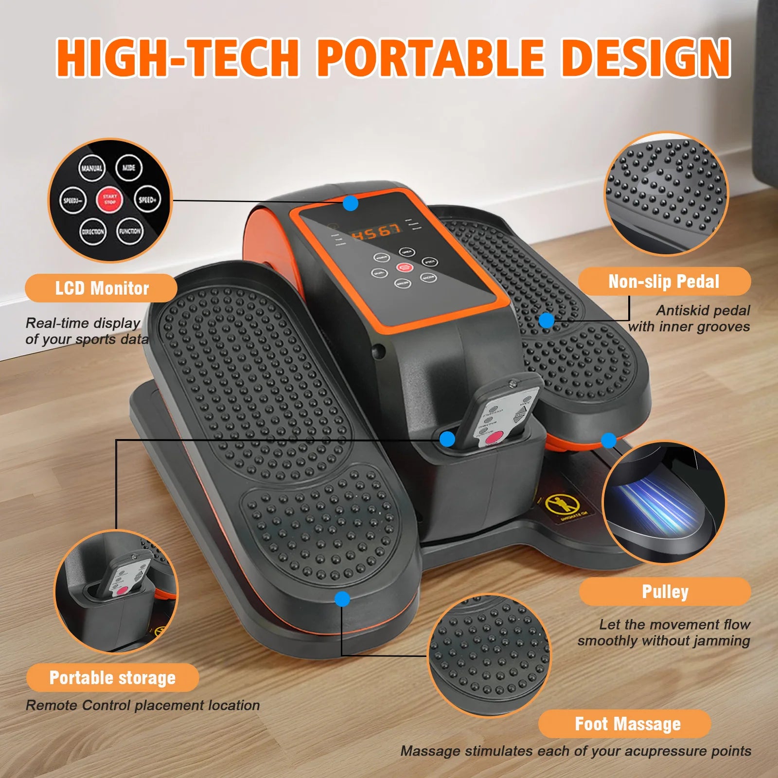 Under-Desk Electric Elliptical Pedal Exerciser 15-Levels 3 Auto Modes Fully Assembled Quiet Portable Full-Body for Office Home