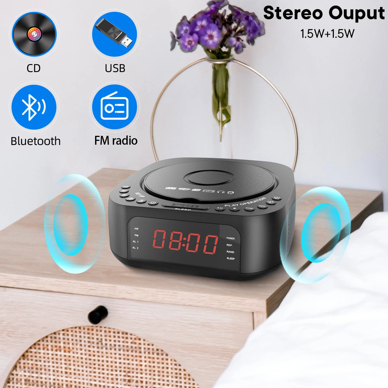 CD Player Alarm Clock with Remote,CD/MP3 Bluetooth FM radio with Speakers,USB charger,Dimmable LED display,dual alarms bedroom