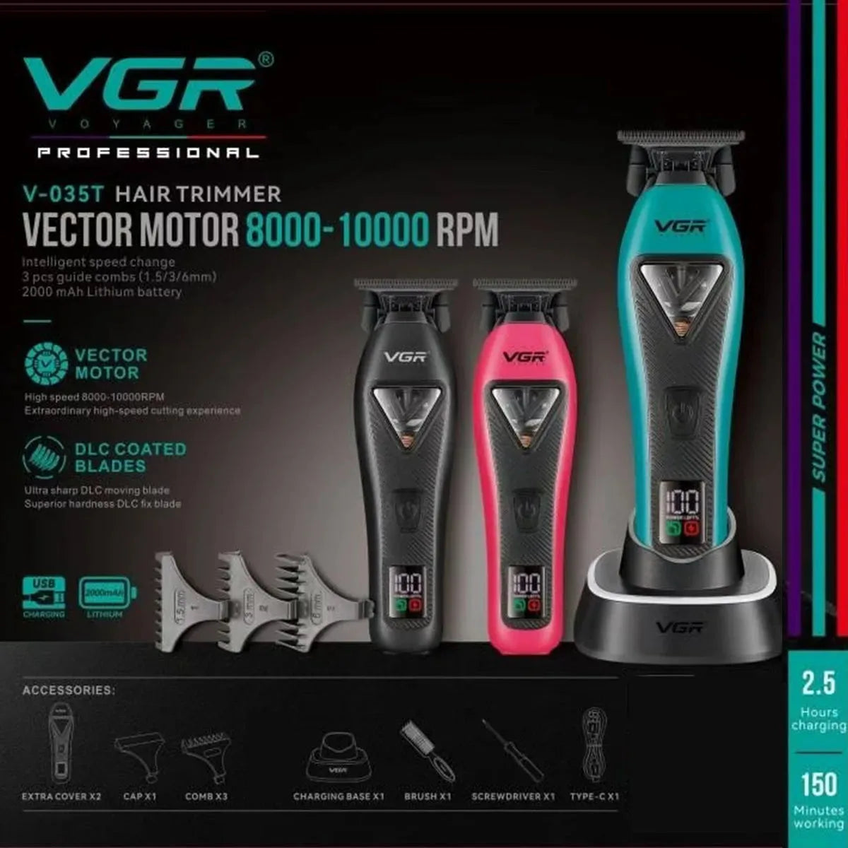 VGR Professional Hair Trimmer Rechargeable Hair Clippers 11000 RPM Vector Motor Beard Shaver LED Trimmer For man V-035C V-035S
