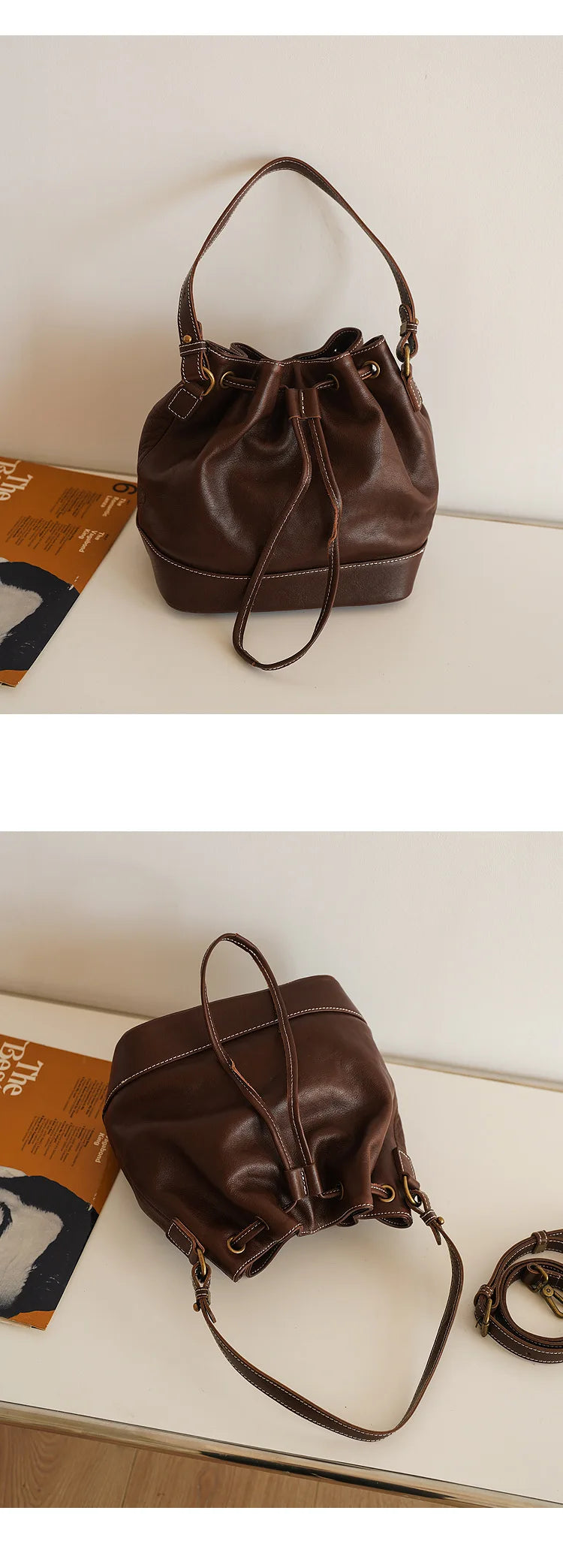 Leather Bucket Bags and Drawstring Crossbody Purse for Women Medium Tote