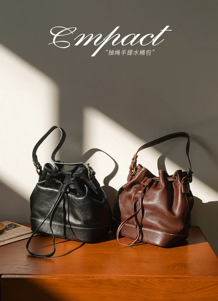 Leather Bucket Bags and Drawstring Crossbody Purse for Women Medium Tote