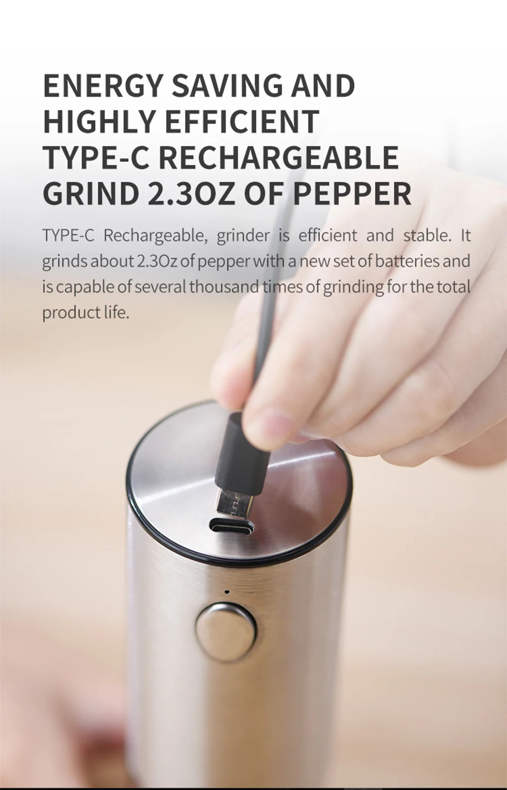 Electric Pepper Grinder Stainless Steel Salt And Pepper Grinder USB Rechargeable Adjustable Coarseness Spice Mill Kitchen Tool