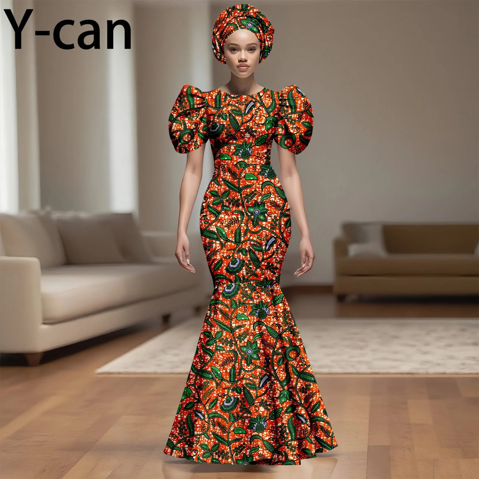 African Party Dress for Women Puff Sleeve O-neck Slim Fit Mermaid Dresses with Headwrap for Birthday Evening Wedding 2525142