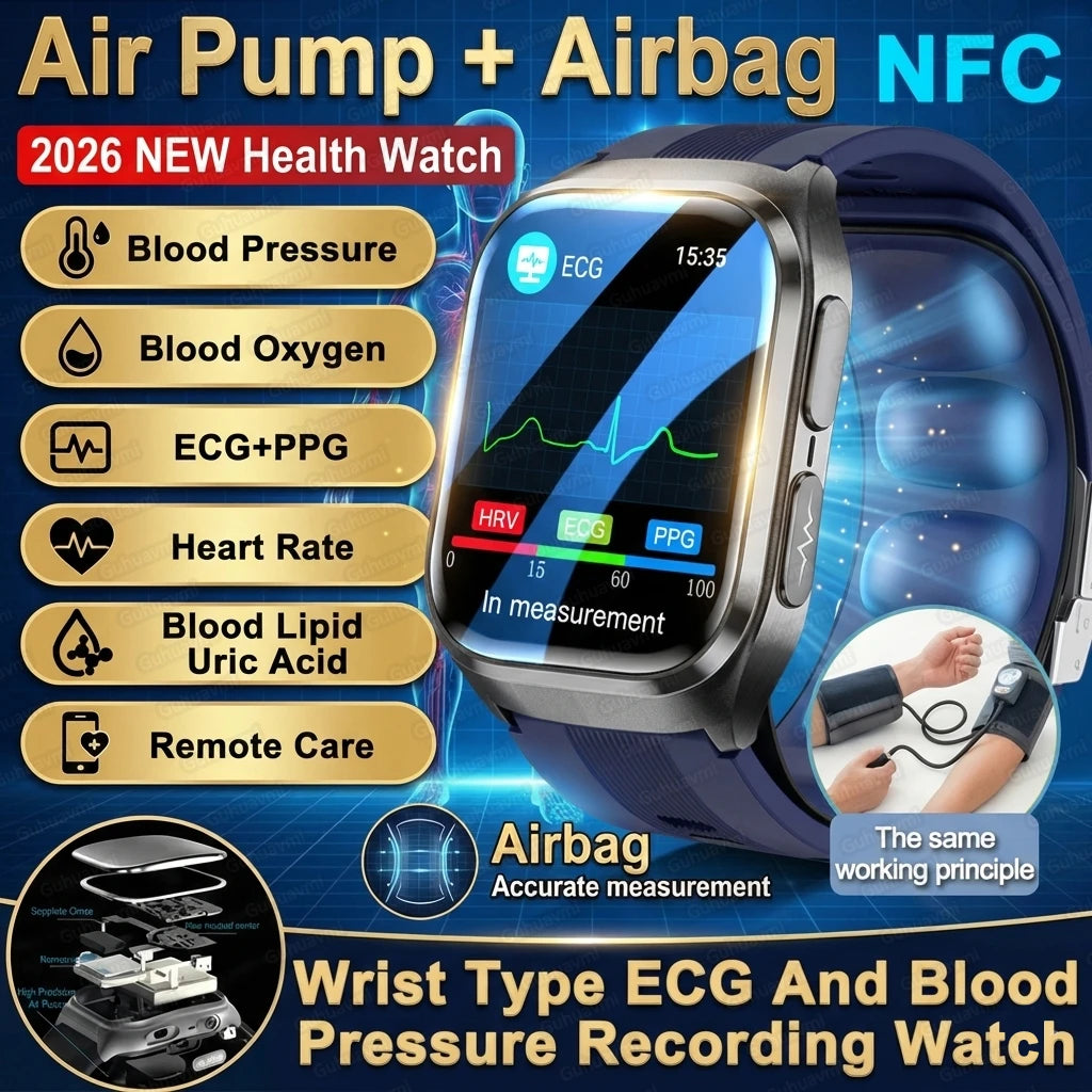 New ECG+PPG Nursing Grade Air Bag Smart Watch Men's Blood Fat Blood Pressure Voice Broadcast Health Smart Bracelet For Woman NFC