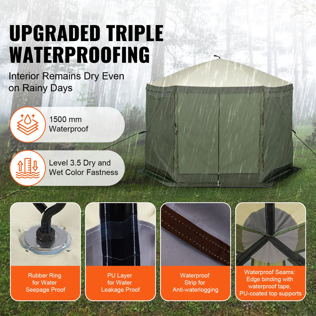 SucceBuy Pop Up Gazebo Tent Pop-Up Screen Tent 6 Sided Canopy Sun Shelter with 6 Removable Privacy Wind Cloths & Mesh Windows