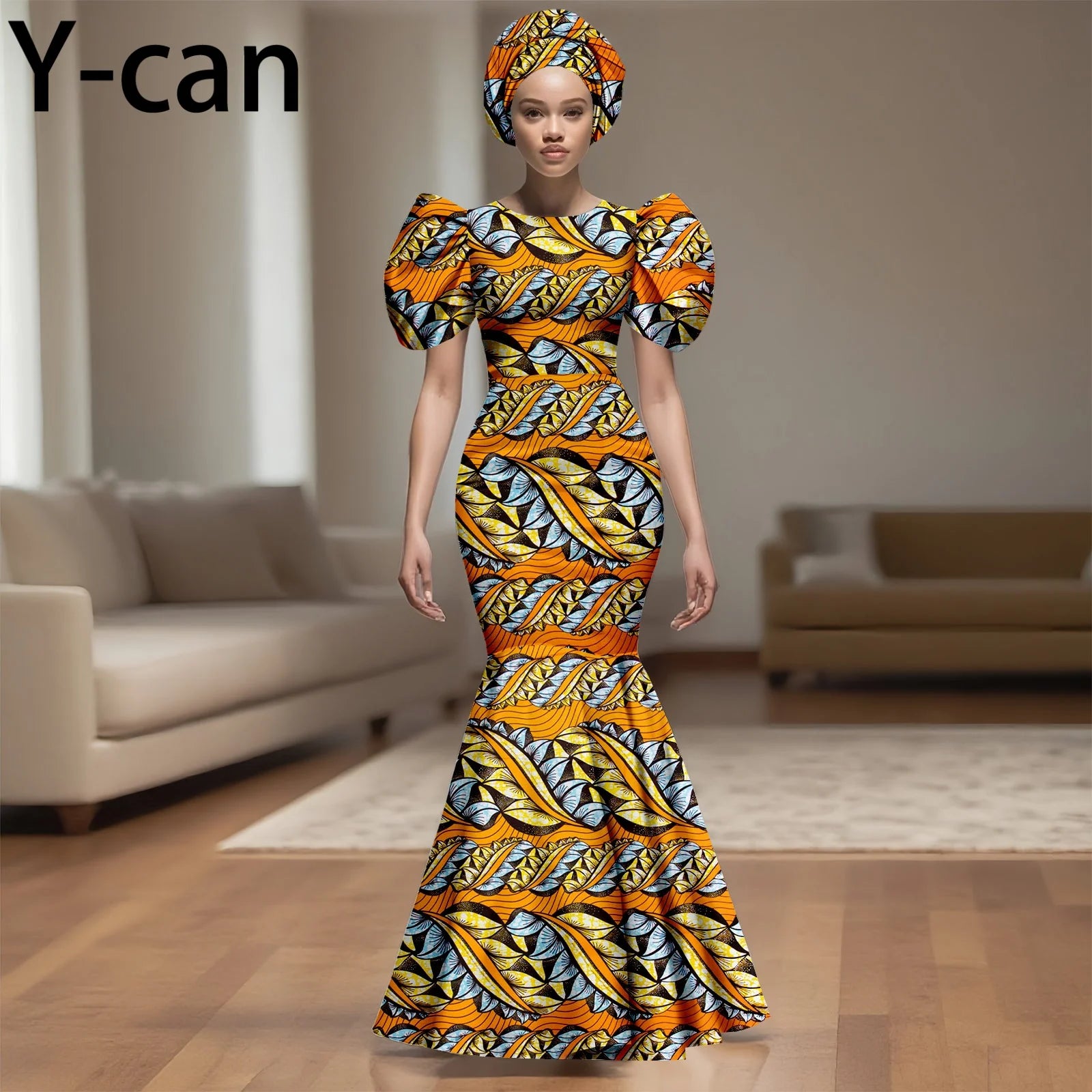 African Party Dress for Women Puff Sleeve O-neck Slim Fit Mermaid Dresses with Headwrap for Birthday Evening Wedding 2525142