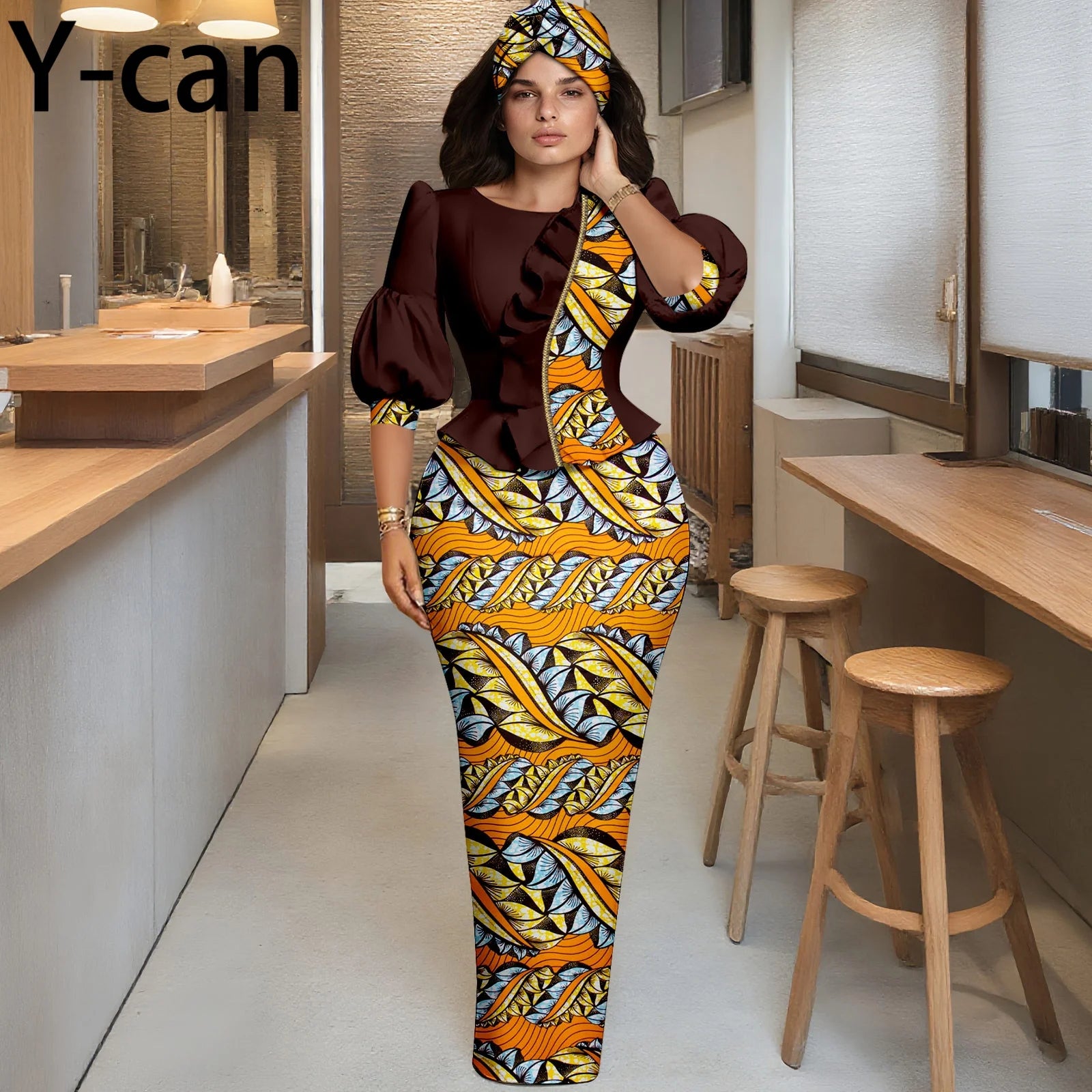 African Women Skirt Set Fashion Lantern Sleeve Ruffled Top and Slim Skirt Vestidos with Headwrap Dashiki Wedding Dress 2526066