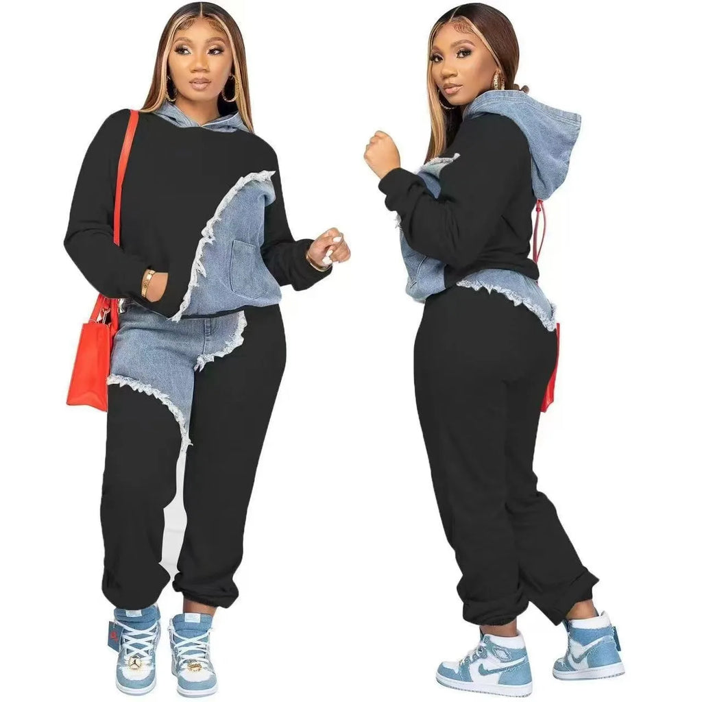 2 Piece Women Set Dashiki African Clothes Spring Autumn New Fashion Long Sleeve Denim Top And Pants Suit Party Matching Sets