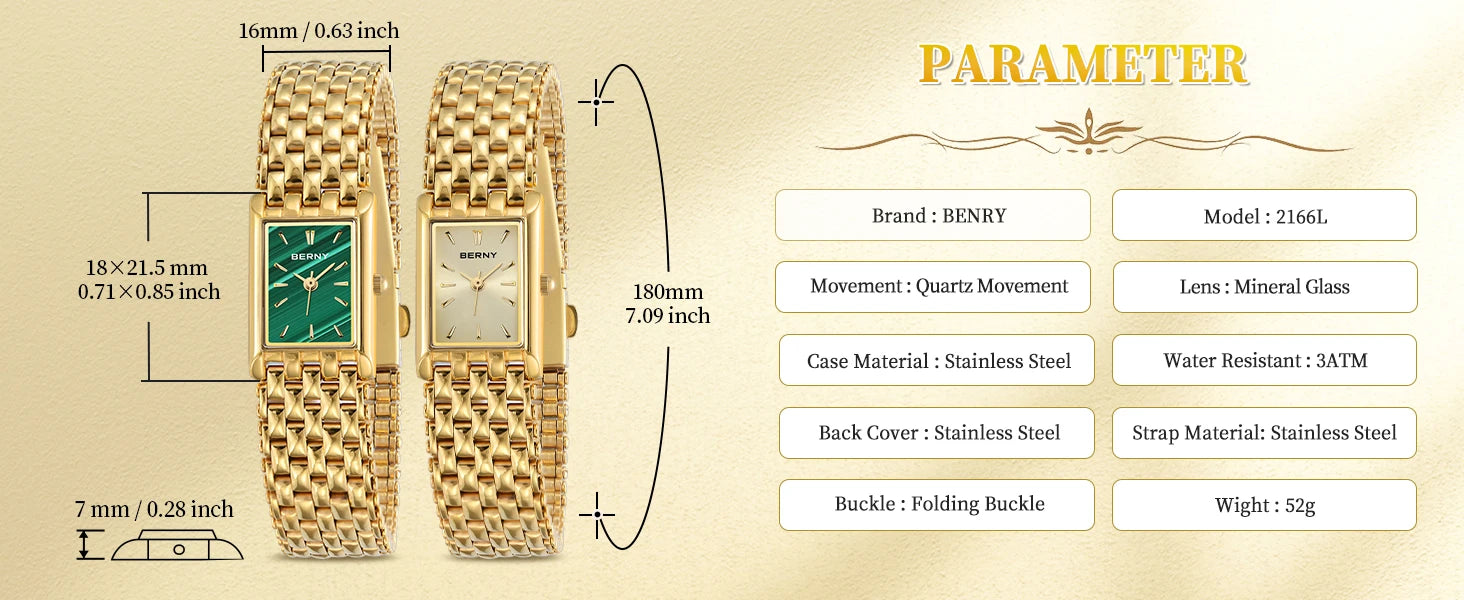 BERNY Gold Watch for Women Square Ladies Quartz Wristwatches Stainless Steel Women Small Gold Watch Luxury Casual Fashion Watch