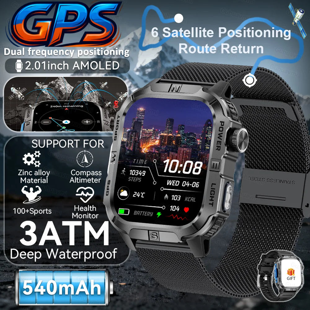 2026New GPS Outdoor Smart Watch Men Women Compass Altimeter Barometer Waterproof Bluetooth Call Sports Smartwatch 540mAh Battery