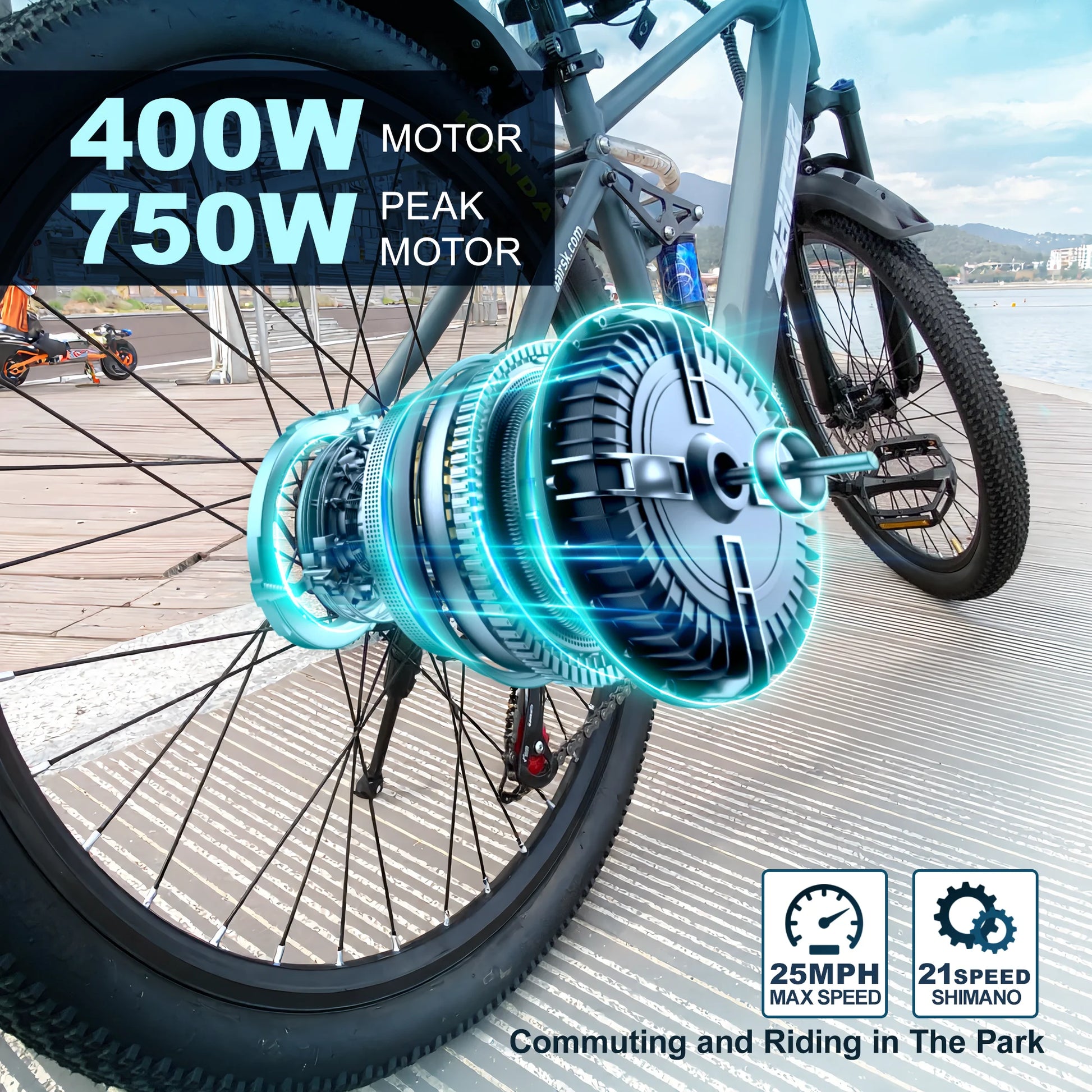 26'' Electric Bike for Adults,750W Peak Motor Mountain Ebike,25MPH Up to 40Miles,7-Speed,Shock Absorbers,Commuter E-Bike